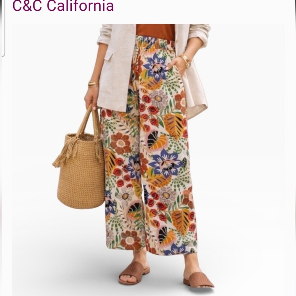 C&C California Colorful Linen Floral Wide-Leg Pants